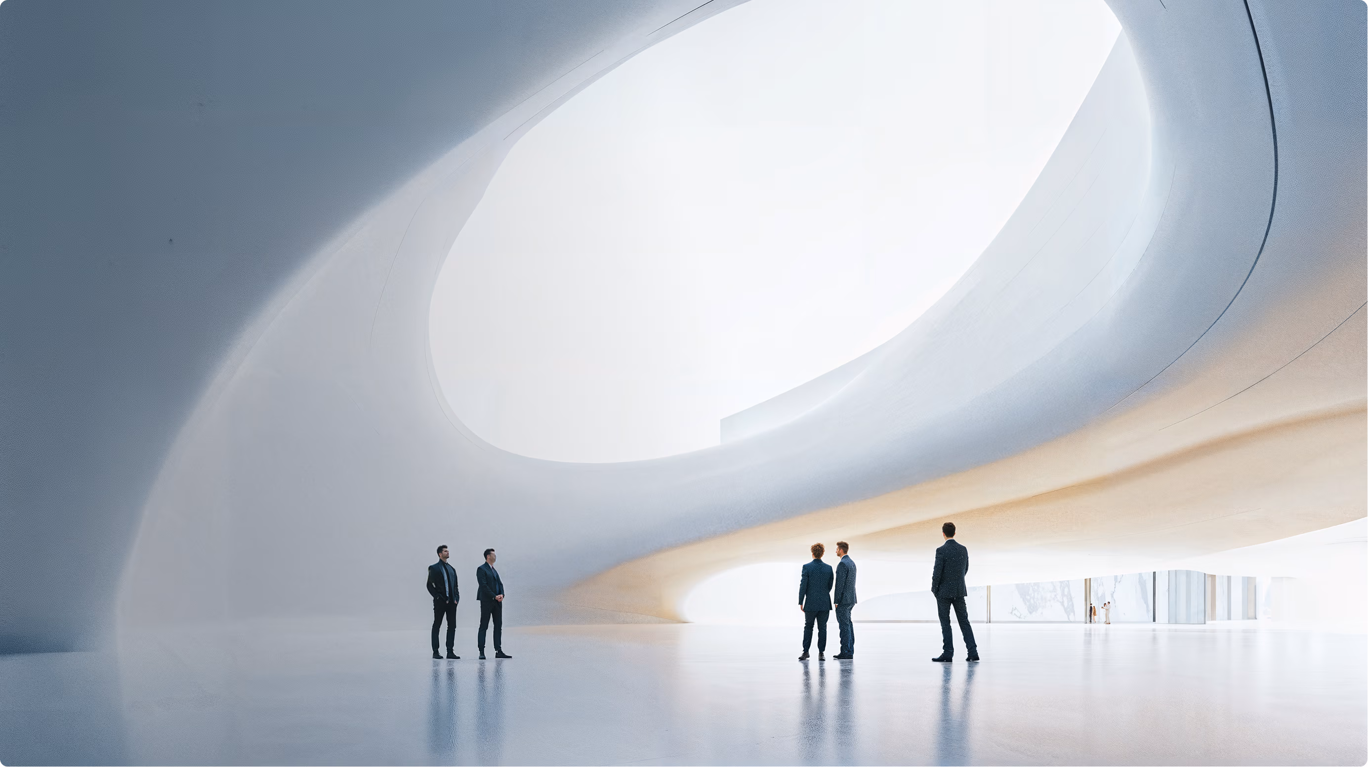 Business professionals stand in a vast, futuristic space with curved white surfaces